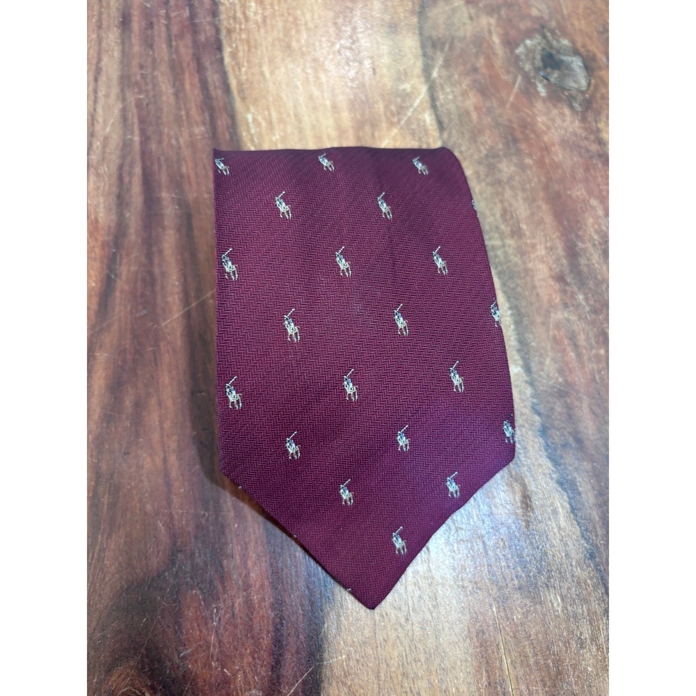 Polo Ralph Lauren silk necktie mens burgundy herringbone pony logo preppy Italy
